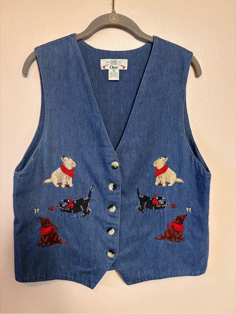 Vintage Orvis Women’s Vest Jean Denim Embroidered Dogs Labrador Blue Size Medium